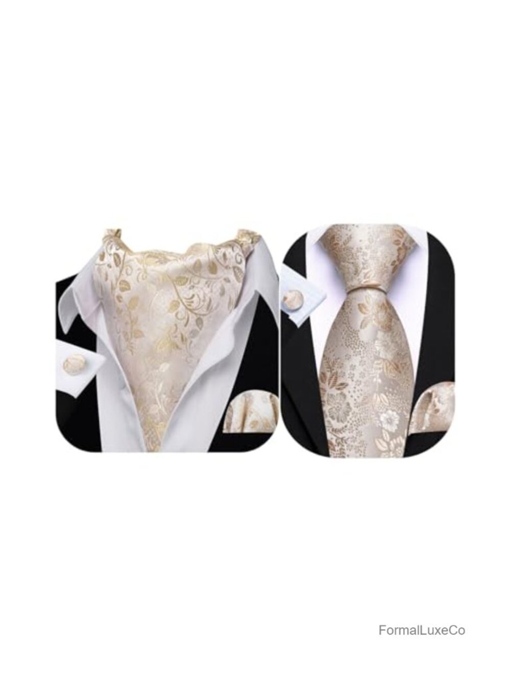 Men's Champagne Ascot Tie Set with Pocket Squares & Cufflinks